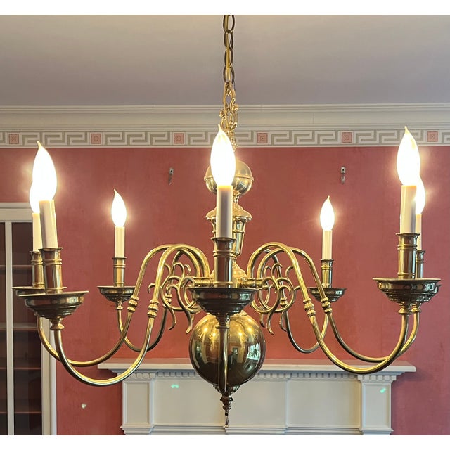 Late 20th Century Late 20th Century Large Eight Light Brass Chandelier in the Dutch Queen Anne Style For Sale - Image 5 of 8