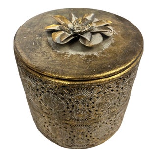 Antique Gold Filigree Metal Trinket Box With Floral Lid For Sale