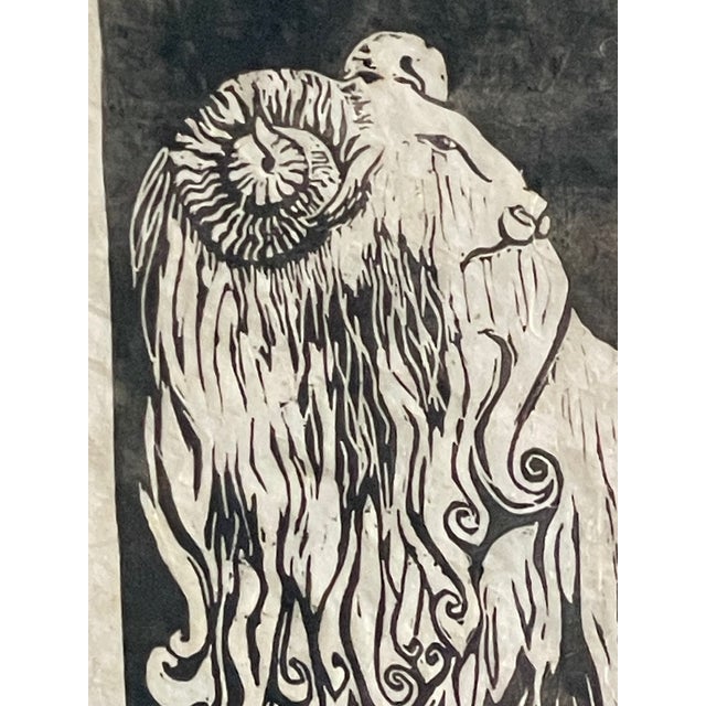 Vintage, woolly ram, animal scenery, linocut print, early 20 th century. Probably a work from eastern European artist....