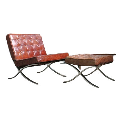 Set of Barcelona Armchair by Ludwig Mies van der Rohe and Ottoman from Knoll, 2008 For Sale