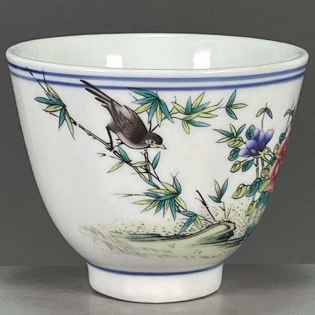 Traditional Vintage Wucai Porcelain Teacup – Bird, Bamboo & Peony Motif, Qianlong Mark For Sale - Image 3 of 9