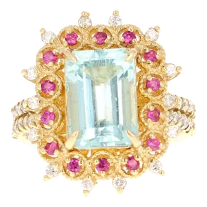 4.90 Ct Aquamarine, Pink Sapphire, Diamond 14 Karat Yellow Gold Cocktail Ring Size 7