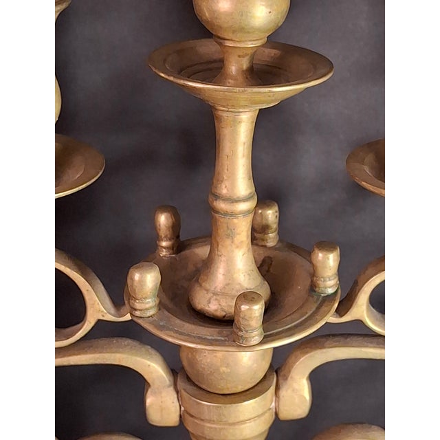 Rare 19thC Antique Polish Brass Menorah Large 22.7" 7 Branch Synagogue Knops For Sale - Image 11 of 18