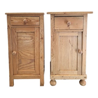 19th Century Antique Pair of French Pine Nightstands With Drawer and Door For Sale