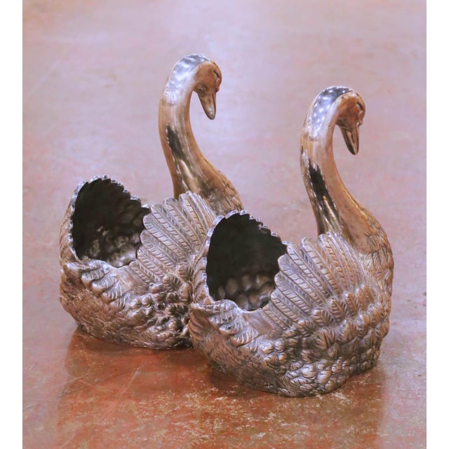 Pair of Mid-Century French Silvered Copper Swan Planters For Sale - Image 4 of 7