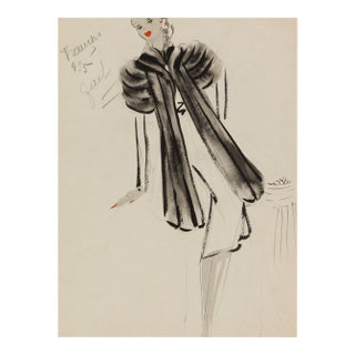 Vintage French Fashion Art Print – Black Banded Coat Illustration, 18" X 24" For Sale