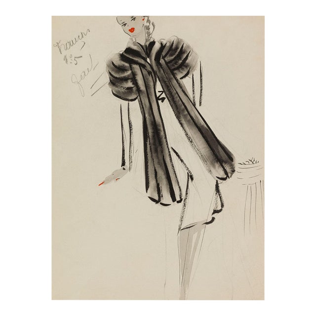 Vintage French Fashion Art Print – Black Banded Coat Illustration, 18" X 24" For Sale