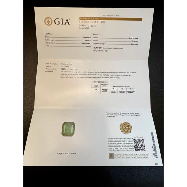 GIA Certified 3.41 Ct Octagonal Colombian Emerald & Diamond Ring 14K Yellow Gold For Sale In New York - Image 6 of 18