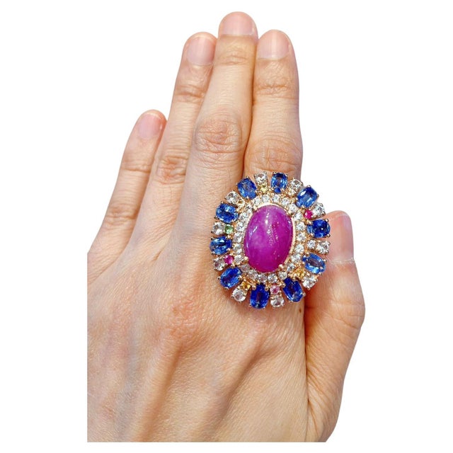 Bochic Vintage Ruby, Tanzanite & Fancy Sapphire Candy Ring Set 18K Gold & Silver For Sale - Image 17 of 18