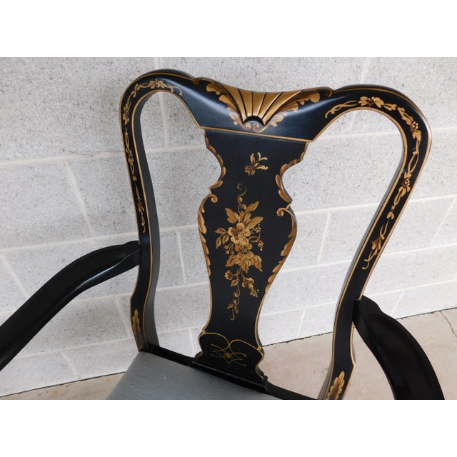 Vintage Georgian Style Chinoiserie Decorated Black Lacquer Arm Chairs - a Pair Black Finish, Gilt Gold Decorated...