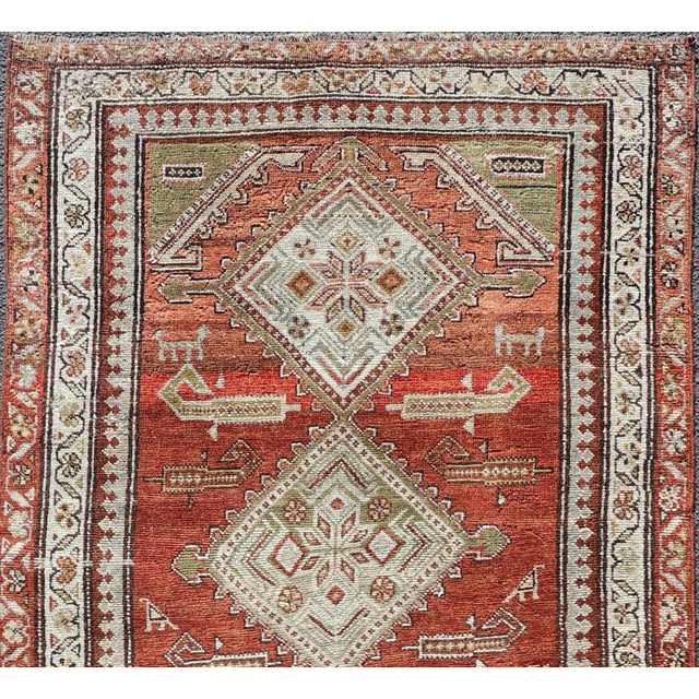 Textile Antique Kurdish Runner With Rusty Red Background and Medallions Tribal Motifs 3'5 X 10'1 For Sale - Image 7 of 14