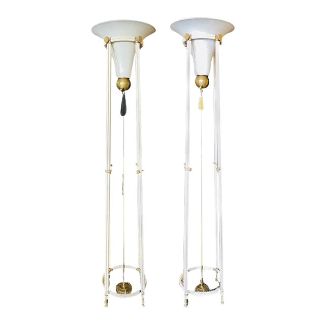 Mid-Century Modern Bronze Floor Torchiere Lamps With Porcelain Globes - a Pair For Sale
