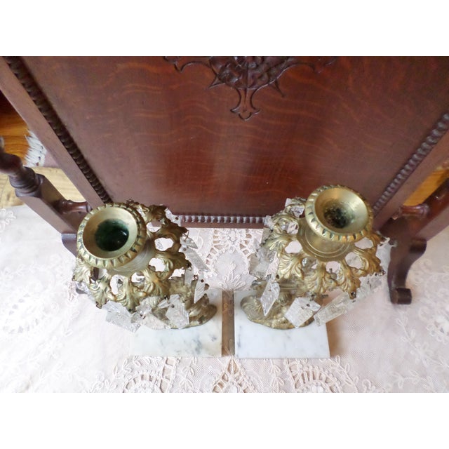 French Antique Girandole Set Ornate Brass and Marble Candelabra With Crystal Prisms For Sale - Image 3 of 5