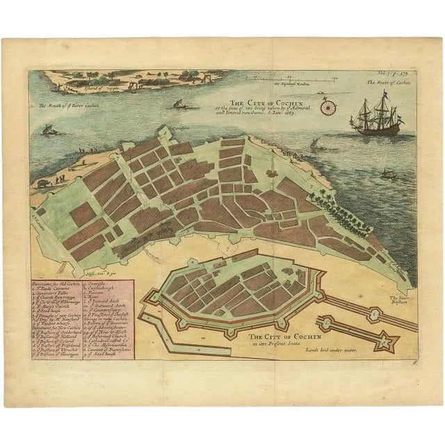Antique Handcolored Plan of Cochin, India, 1744 For Sale