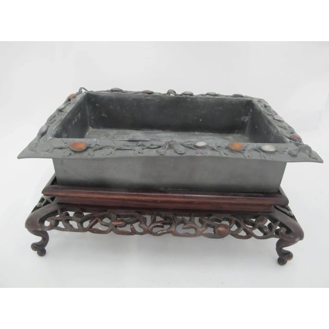 Chinese Inlaid Jade & Carnelian Pewter Decorative Tray Box on Carved Wood Stand For Sale - Image 4 of 14
