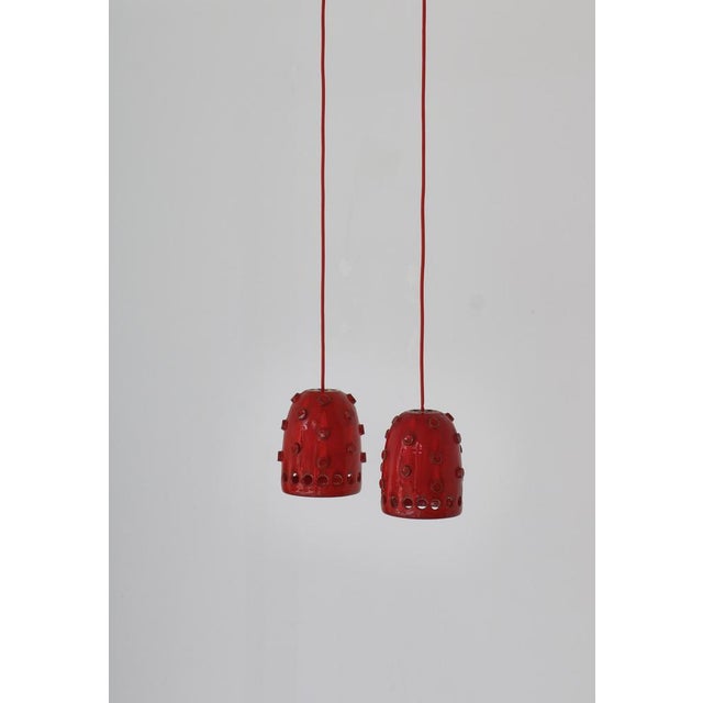 Danish Modern Red Ceramics Pendants attributed to Jette Hellerøe for Axella Studio, 1970s, Set of 2 For Sale - Image 3 of 15