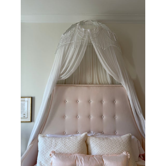 Custom Queen Upholstered Bed With Canopy For Sale - Image 9 of 10