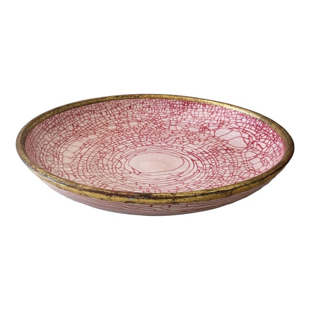 Vintage Hand Thrown Italian Ceramic Charger Bowl in Red Crackle Glaze With Gold Border For Sale