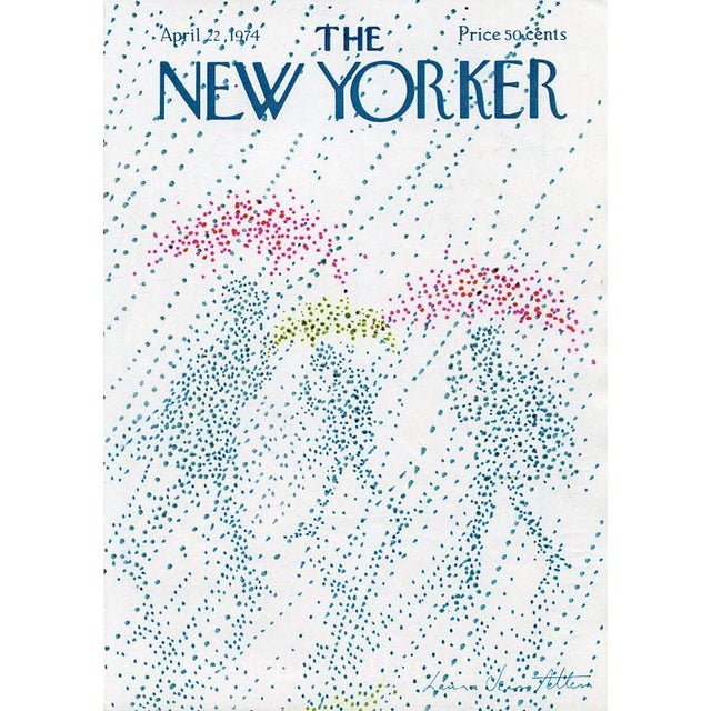 Original vintage New Yorker magazine cover dated April 22, 1974 featuring a Spring Showers theme. Cover art by Laura Jean...