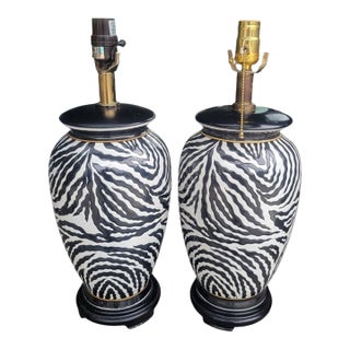 Vintage Ceramic Zebra Striped Black White Regency Table Lamps- A Pair For Sale