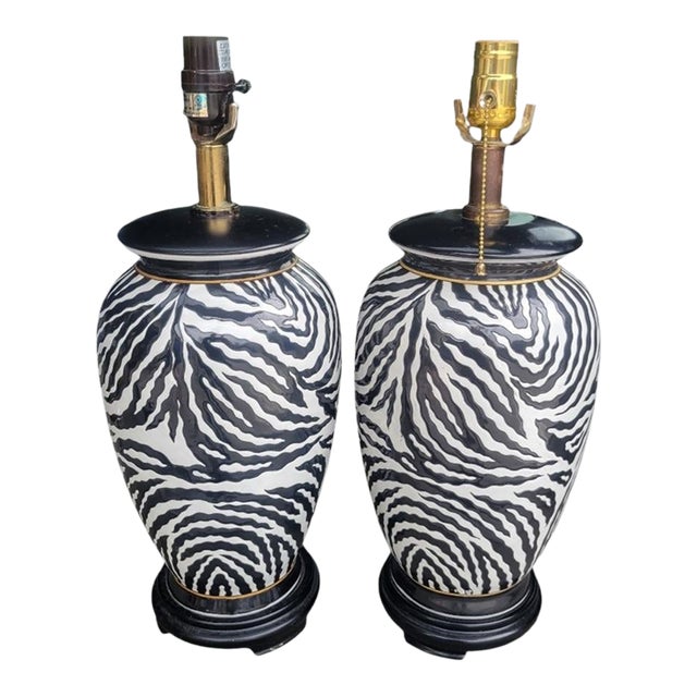 Vintage Ceramic Zebra Striped Black White Regency Table Lamps- A Pair For Sale