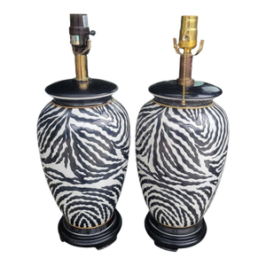 Vintage Ceramic Zebra Striped Black White Regency Table Lamps- A Pair
