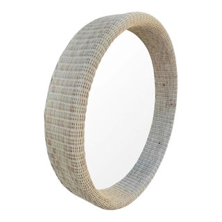 Large Beige Textured Recessed Round Wicker Pottery Barn Style Wall Mirror For Sale