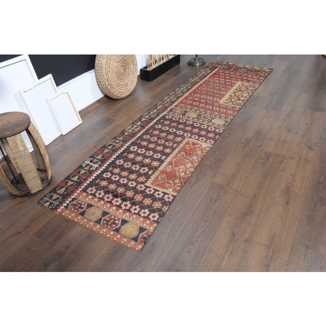 1970s Vintage Handmade Wool Cotton Red Runner Rug For Sale - Image 10 of 11