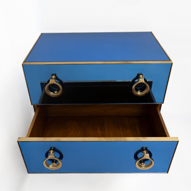 Metal Mid-Century Style Blue Mirrored Chests of Drawers with Brass Details, 2000, Set of 2 For Sale - Image 7 of 8
