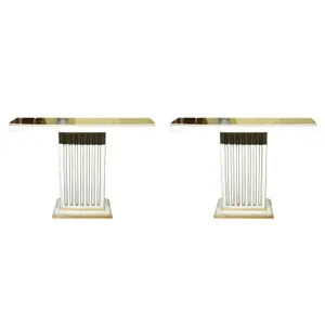 Jansen Painted & Eglomise Console Tables Glass Atop White Painted and Parcel Gilt Frieze - a Pair
