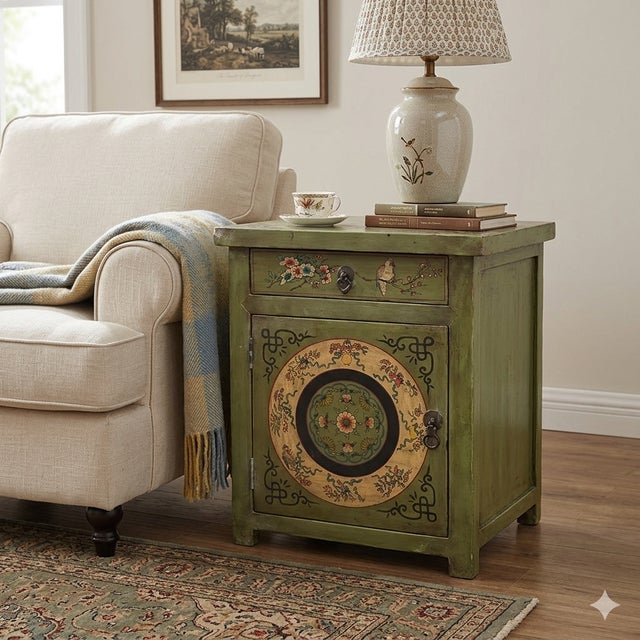 Wood Distressed Sage Green Floral Graphic End Table Nightstand For Sale - Image 7 of 7
