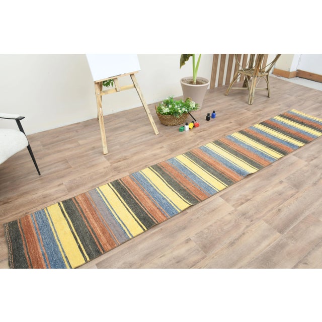 Traditional Striped Colorful Turkish Vintage Runner Rug Kilim For Sale - Image 3 of 9