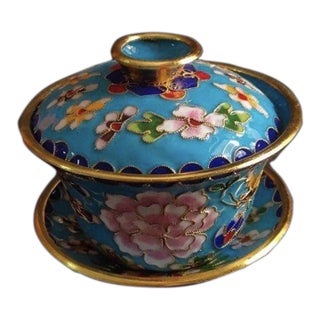Vintage Chinese Turquoise Cloisonné Enamel Floral "Three-Piece" Tea Bowl Set For Sale