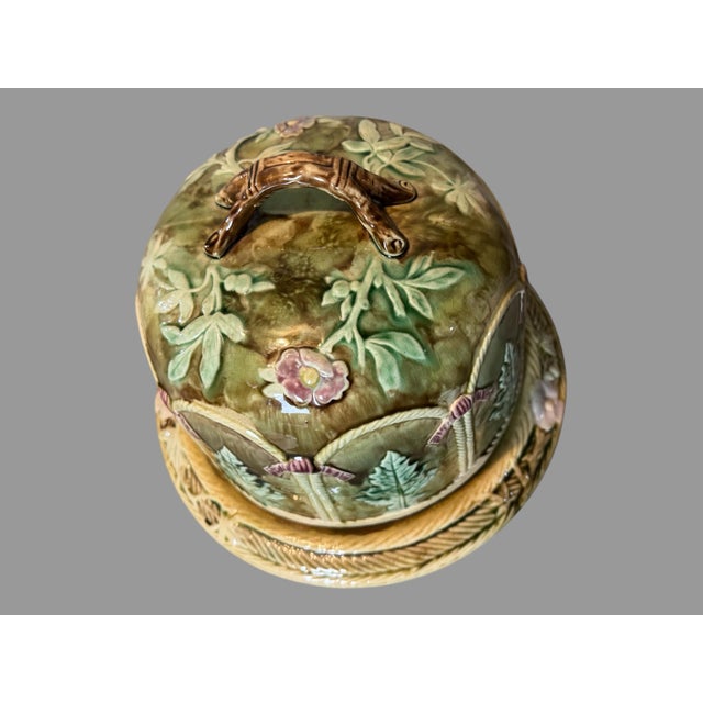 Victorian Vintage Antique Majolica Pottery Floral Decorated Cheese Keeper Dome With Base For Sale - Image 3 of 10