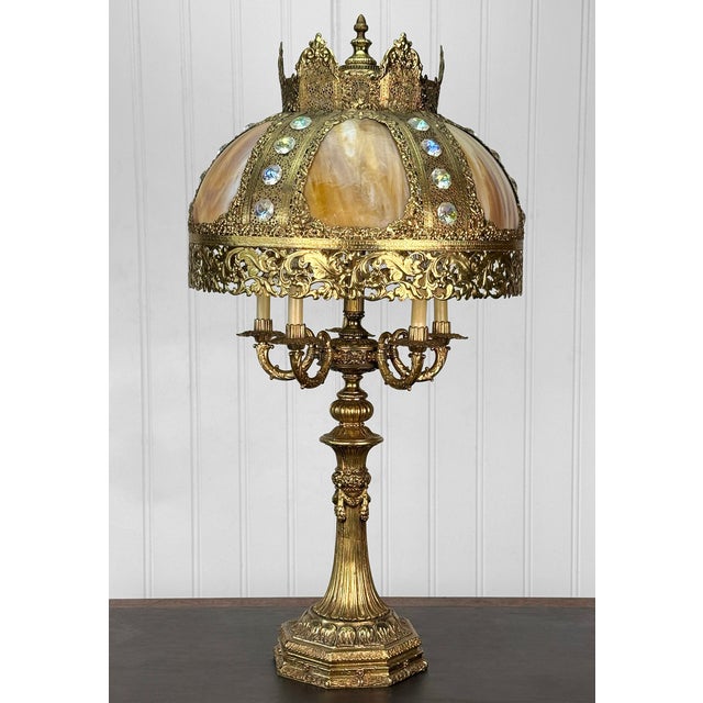 Hollywood Regency Vintage 40" Hollywood Regency Gold Slag Glass Jeweled Crown Table Lamp For Sale - Image 3 of 13