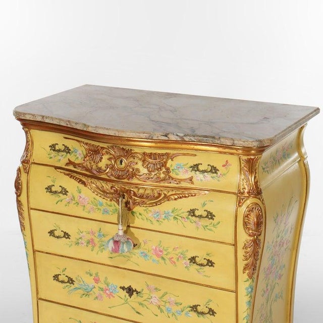 Venetian Hand Painted & Gilt Polychromed 5-Drawer Marble Top Dresser C1930 For Sale - Image 11 of 18