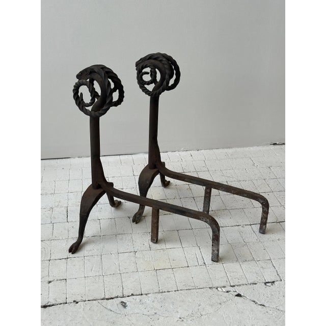 Antique Wrought Iron Figural Ram Andirons, a Pair, Circa Early 20th Century For Sale - Image 15 of 18