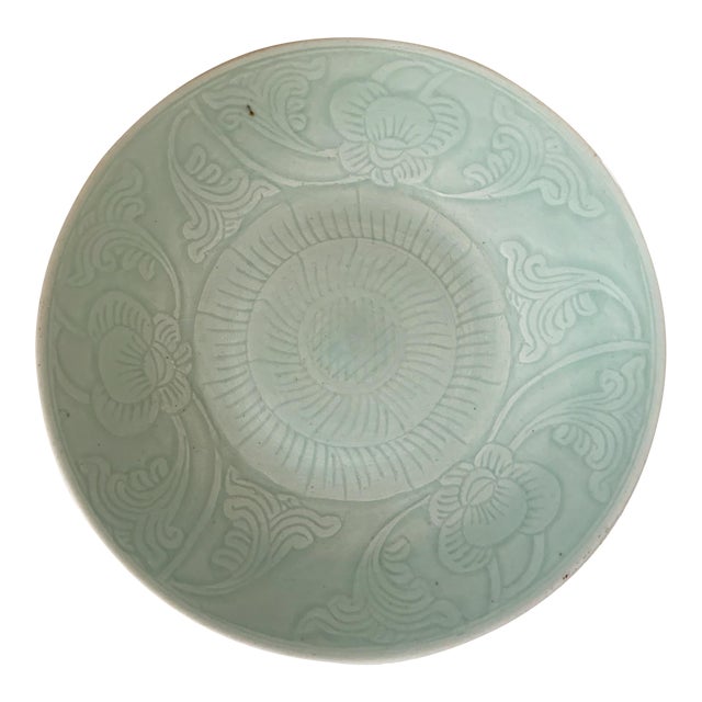 Mid 20th Century Large Chinese Celadon Plate With Export Seal For Sale