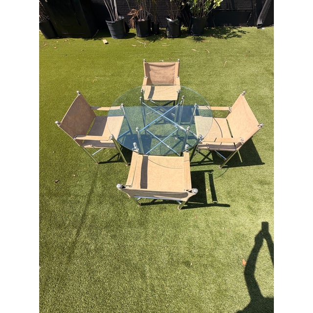 Chrome Vintage Campaign Maison Jansen Style, Pace Chrome Table & Director Arm Chairs, Suede Leather Chrome and Brass C. 1970s For Sale - Image 8 of 12