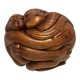 Mid-Century Asian Hand Carved Wooden Couple/Lovers Hugging Figurine For Sale