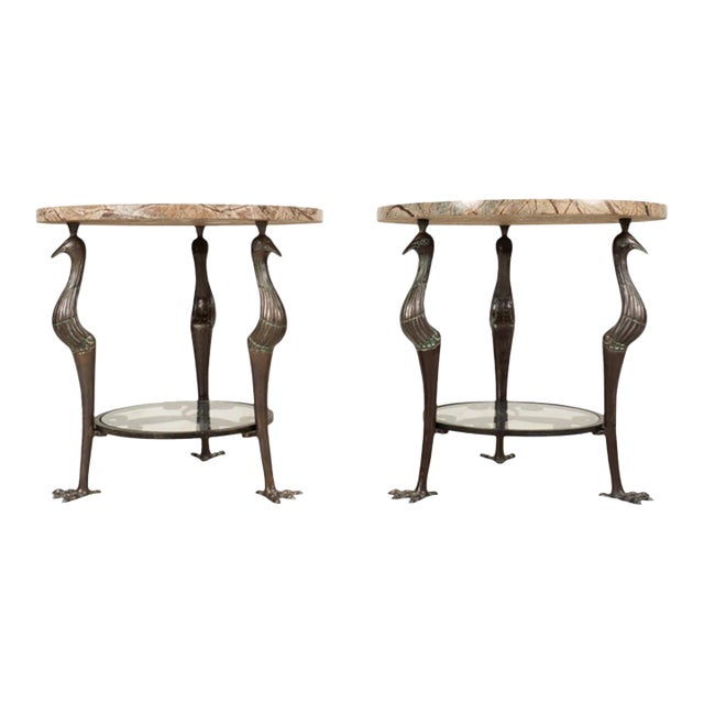 Bronze Bird Form Side Tables W/ Marble Tops Attributed to Maitland Smith - A Pair For Sale