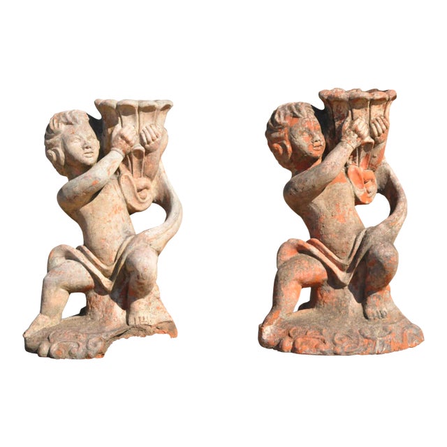 Antique Cast Terracotta Figural 28" Cherub Putti Garden Planter Pots - a Pair For Sale