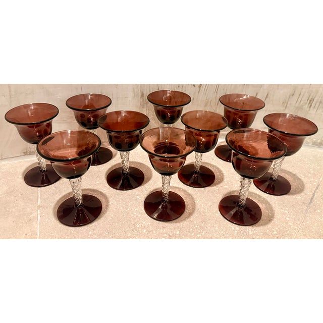 Glass Rare Vintage Mid-Century Bill Blenko Designed Art Glass Air Twist Amethyst Port/Dessert Glasses- Set of 10 For Sale - Image 7 of 12