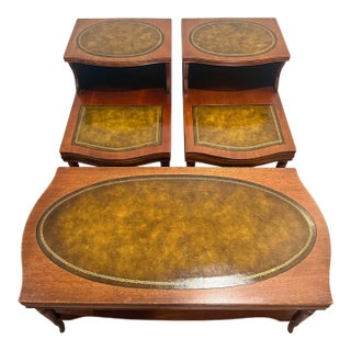 Mid-Century Mahogany & Tooled Leather Coffee Table With Matching Step Tables – Attributed to Weiman - Set of 3 For Sale