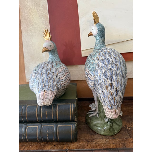 1970s Pair of Oversized Vintage Asian Export Porcelain Peacock Figures Hand Painted Macau Large Ceramic Birds For Sale - Image 5 of 11