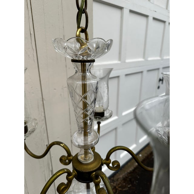 1940s Vintage Five Arm Brass and Crystal Chandelier For Sale - Image 5 of 9