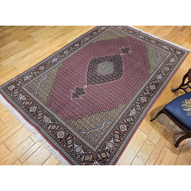 Antique Persian Tabriz Mahi Rug, Hand-Knotted Wool & Silk, Herati Geometric Pattern, Pomegranate Red & Tan, 7x10 For Sale - Image 12 of 18