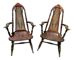 Pair of Vintage 1940’s Walnut Wood & Cane Brace Back Rocking Chairs From Europe