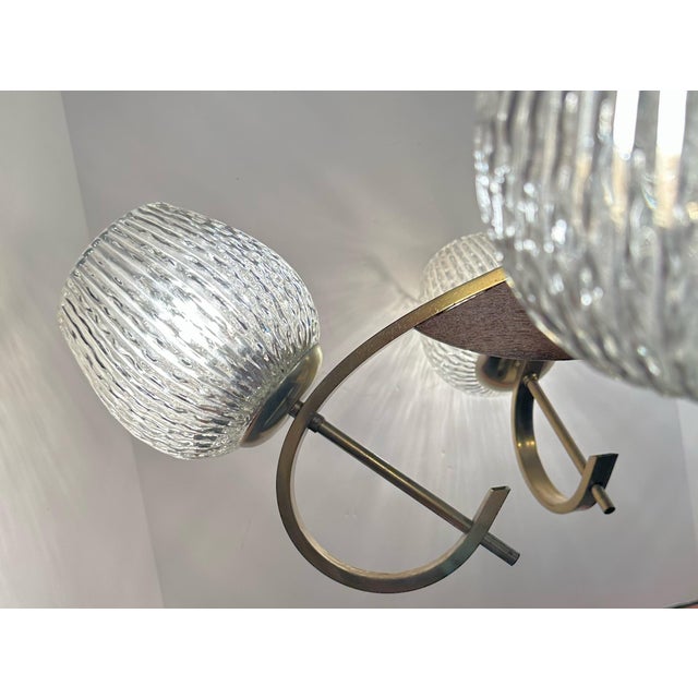 Wood 1960s Japanese Wood and Brass 5-Light Tulip Chandelier With Original Textured-Glass Shades For Sale - Image 7 of 12