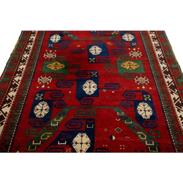 Red Vintage Caucasian Kazak Handmade Wool Rug in Red With Geometric Design For Sale - Image 8 of 9
